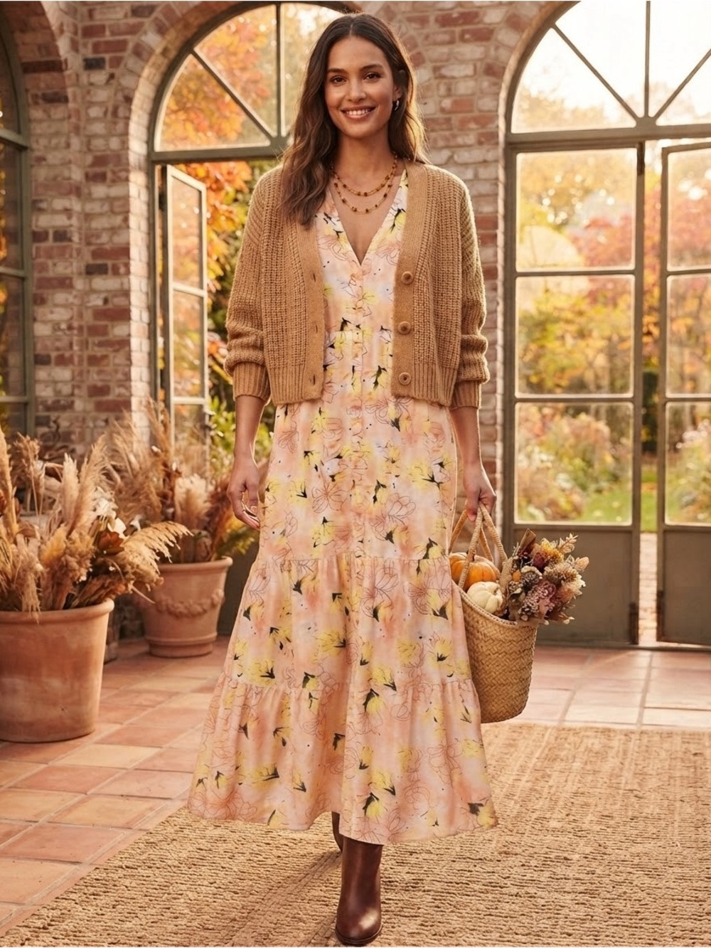 Style&Co Peach and Yellow Heart Floral Tiered Midi Dress with V-Neck